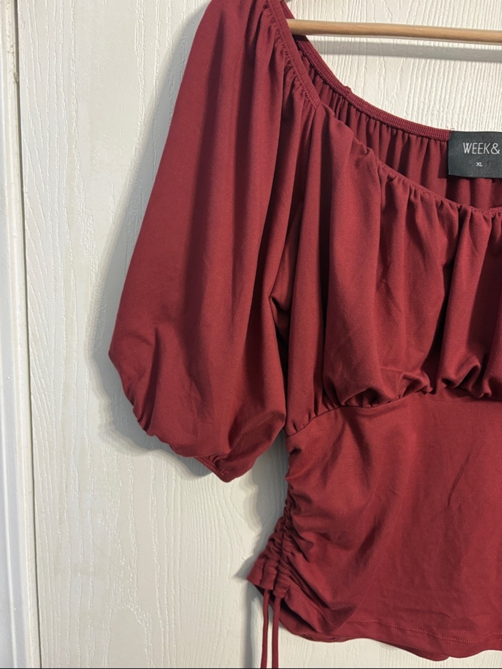 Weekday Burgundy Off-Shoulder Puff-Sleeve Ruched Tie Blouse - Picture 3 of 9